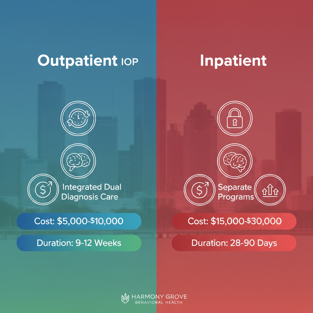 Infographic comparing outpatient and inpatient rehabilitation programs in Houston, highlighting flexibility, care integration, costs, and durations.