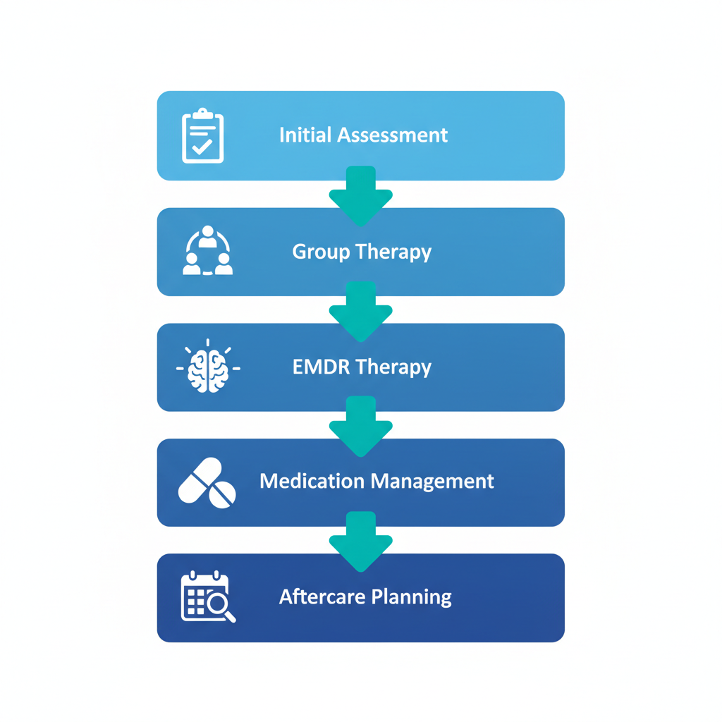 Vertical process flow diagram illustrating five stages of intensive outpatient programs at Houston rehab centers