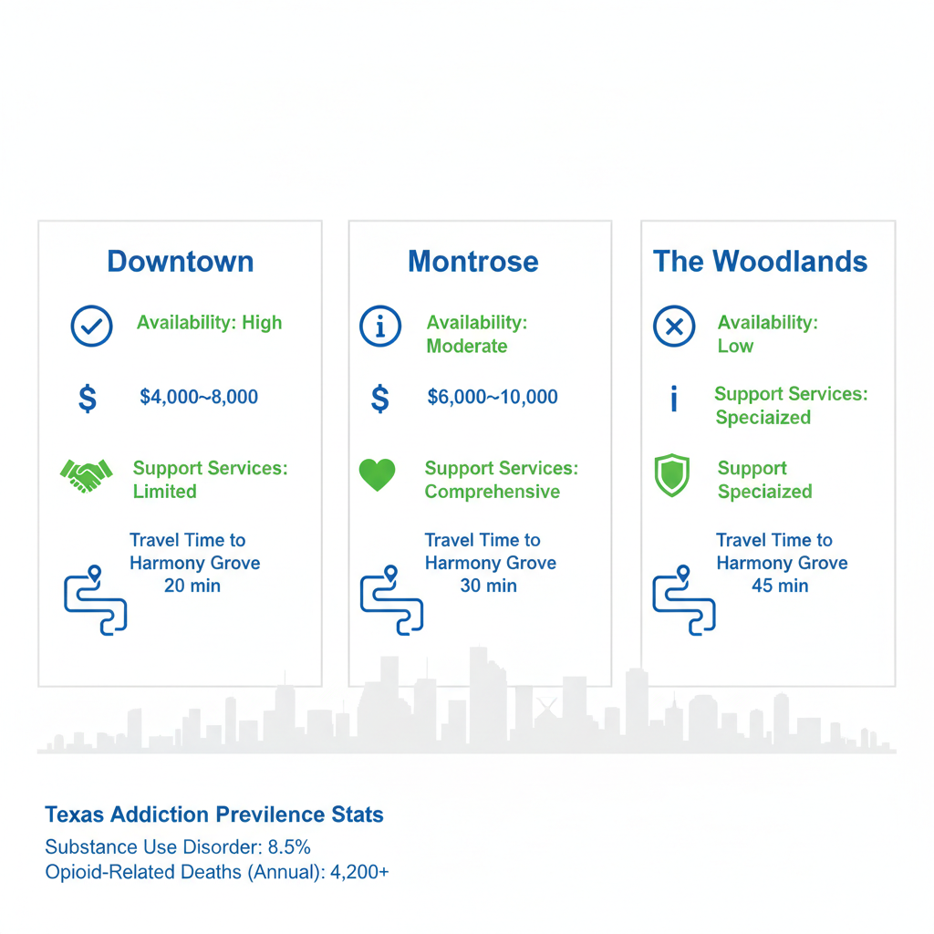 Infographic comparing addiction treatment options in Houston neighborhoods including costs, services, and travel times to Harmony Grove Behavioral Health.