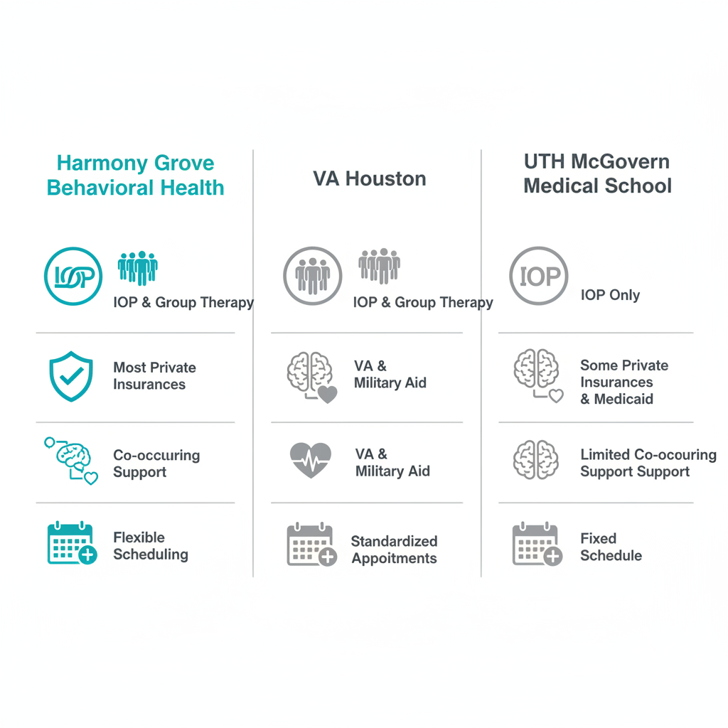 Infographic comparing outpatient substance abuse treatment centers in Houston, Texas, featuring Harmony Grove, VA Houston, and UTH McGovern Medical School with icons for programs, insurance, support, and scheduling.
