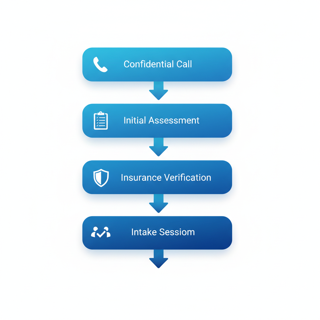Vertical process flow diagram of the admissions process for substance abuse treatment, featuring five stages with icons and brief labels.