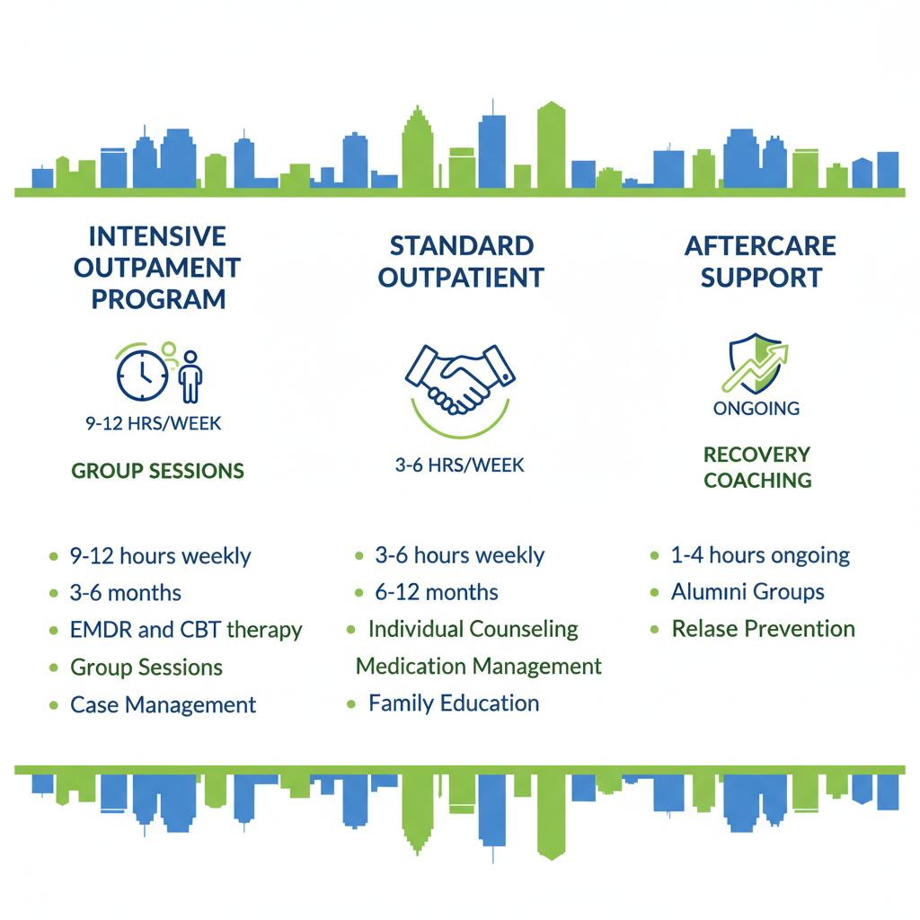 Infographic comparing Intensive Outpatient Program, Standard Outpatient, and Aftercare Support rehab services in Houston, Texas