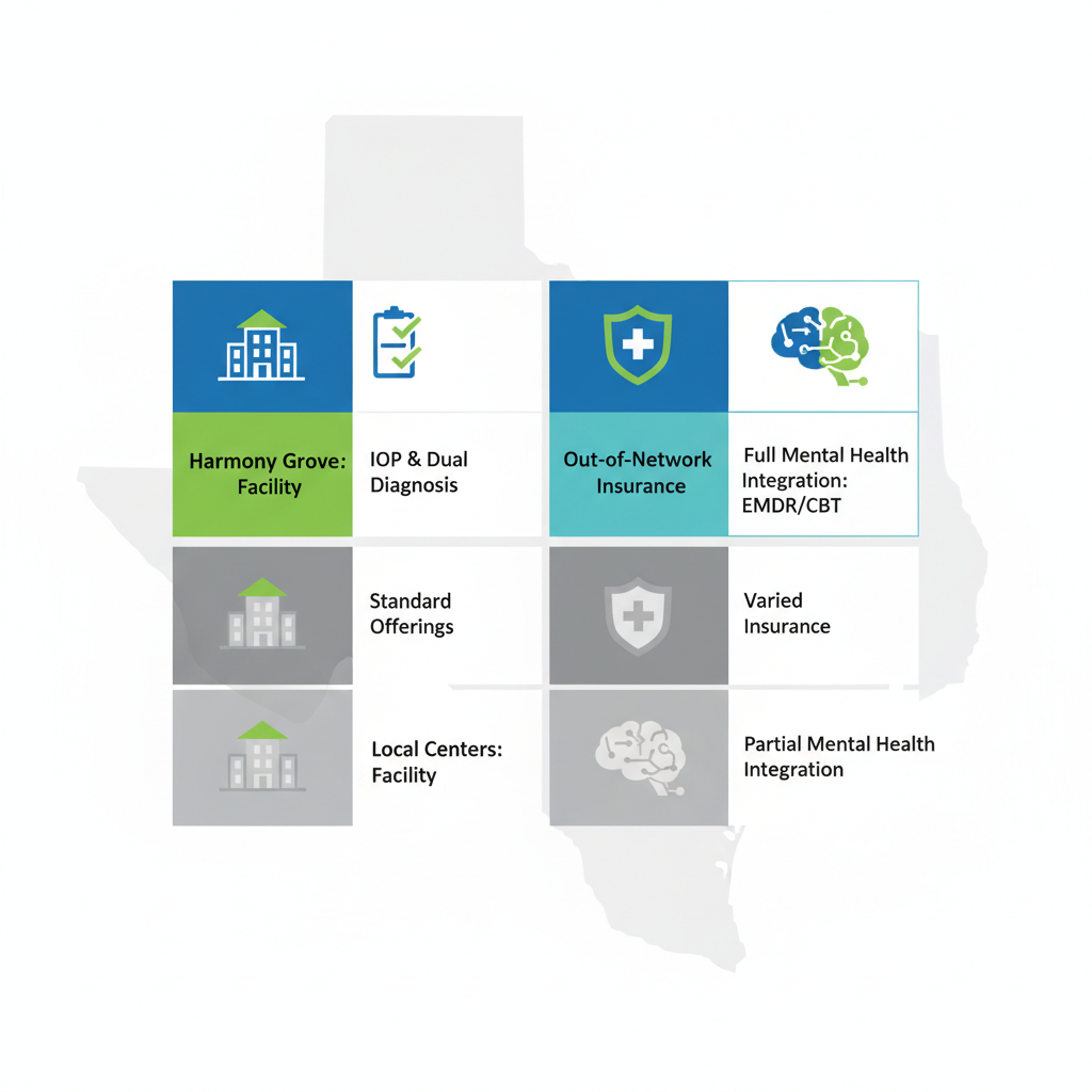 Infographic comparing Harmony Grove Behavioral Health key features to general outpatient rehab centers in Houston, Texas, across facility, programs, insurance, and mental health categories.