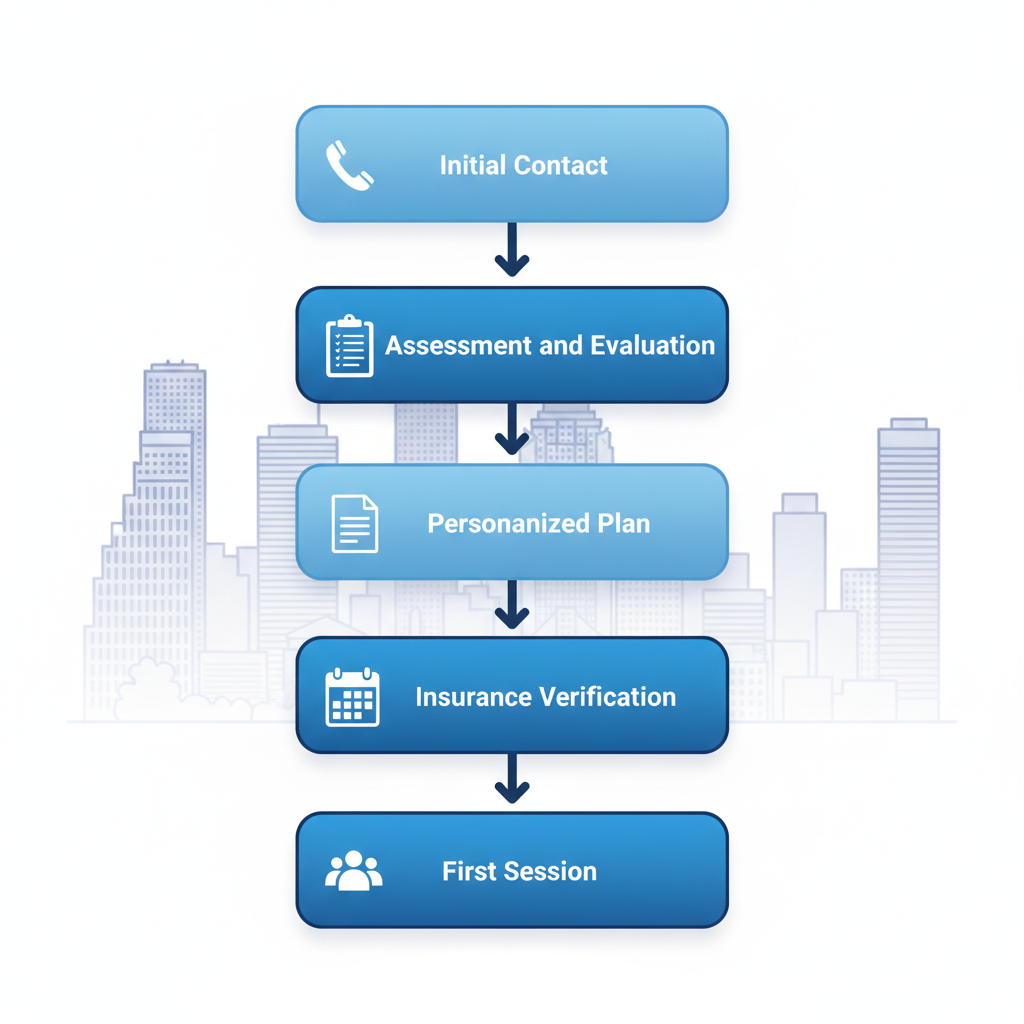 Vertical process flow diagram showing five enrollment stages for outpatient addiction treatment: initial contact, assessment, plan development, insurance and scheduling, first session and aftercare.