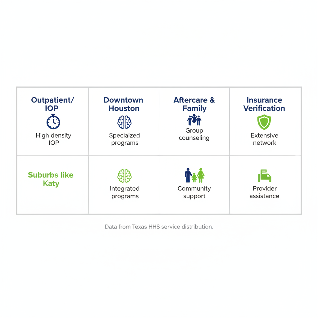 Infographic table comparing rehab services availability in Downtown Houston and suburbs like Katy