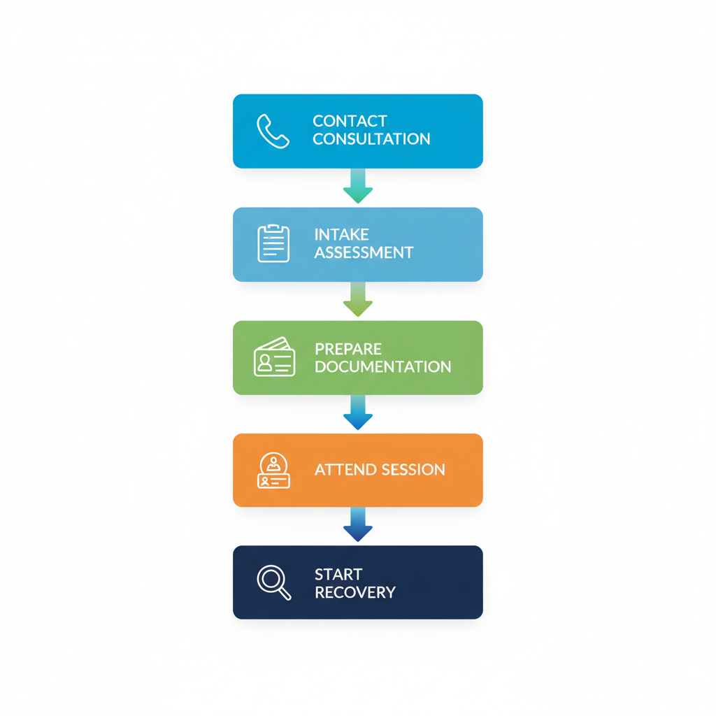Vertical process flow diagram illustrating the five-step admissions process for outpatient rehab at Harmony Grove Behavioral Health in Houston, Texas.