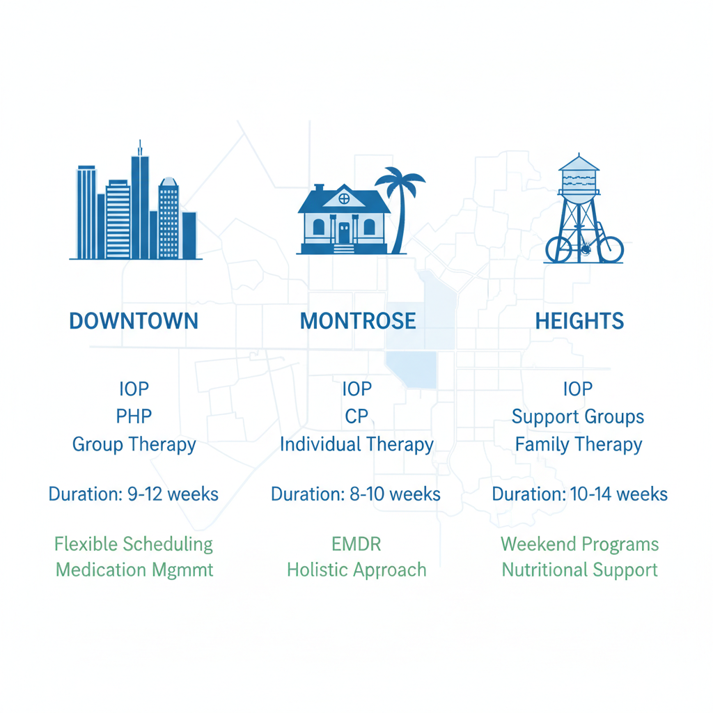 Infographic comparing outpatient rehab programs in Houston's Downtown, Montrose, and Heights areas with program types, durations, and supports.