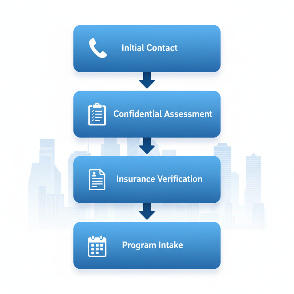Vertical process flow diagram illustrating four steps to start recovery treatment: initial contact, confidential assessment, insurance verification, and program intake.