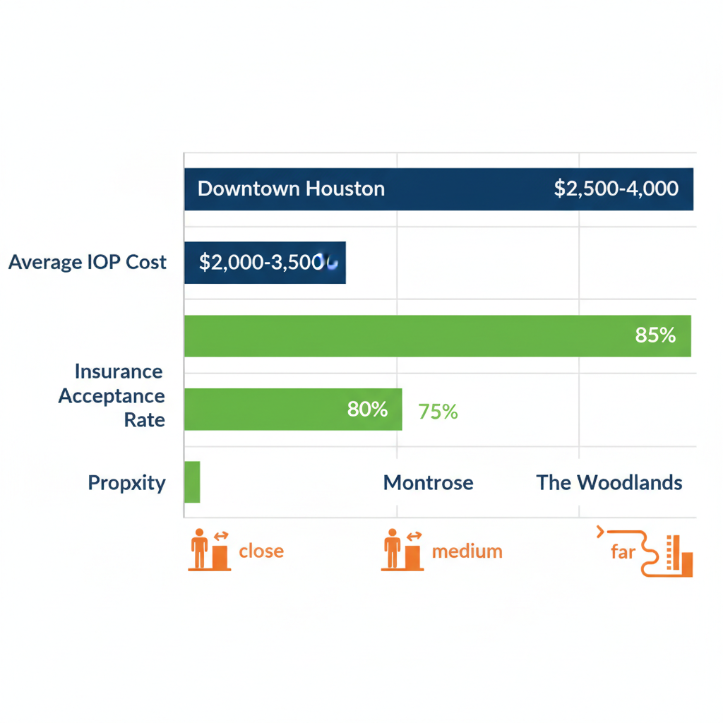 Horizontal bar chart comparing rehab costs, insurance rates, and proximity in Houston areas: Downtown, Montrose, and The Woodlands, based on substance abuse funding and mental health services data.