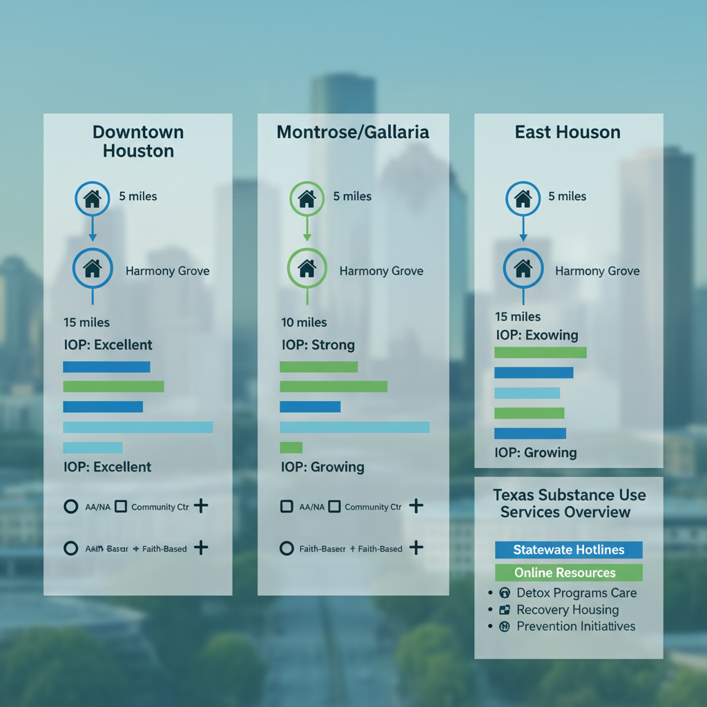 Infographic comparing drug rehab areas in Houston including Downtown, Montrose/Galleria, and East Houston with proximity, IOP ratings, and support services.