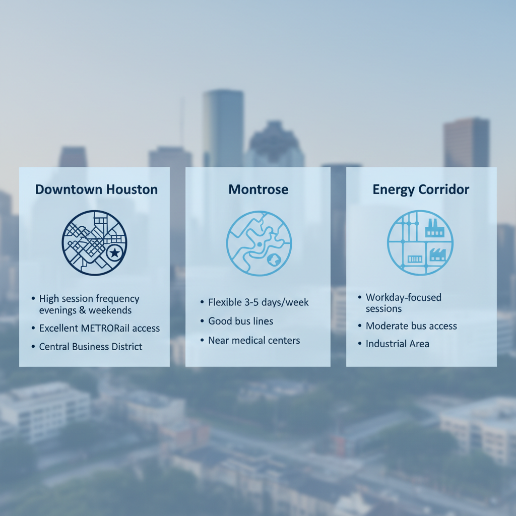 Infographic comparing Intensive Outpatient Program accessibility in Houston neighborhoods: Downtown, Montrose, and Energy Corridor