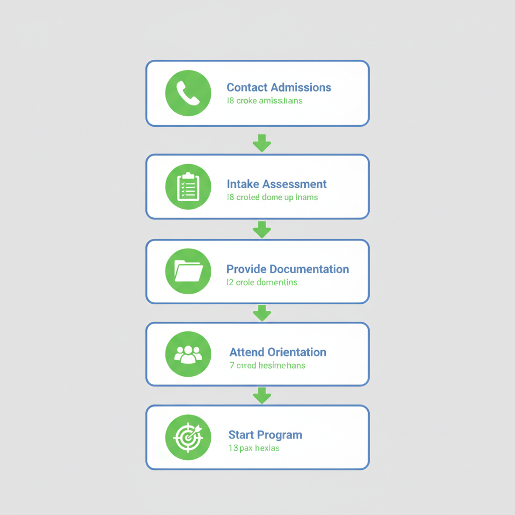 Vertical process flow diagram illustrating the five steps to enroll in an intensive outpatient program: contact admissions, complete intake, provide documentation, attend orientation, and start the program with goal setting.