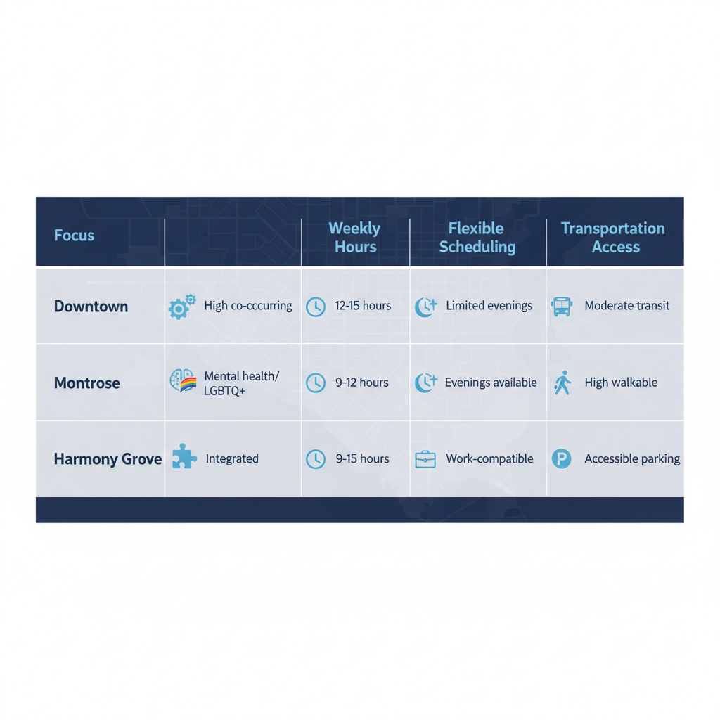 Infographic comparing IOP features in Houston areas: Downtown, Montrose, and Harmony Grove focusing on treatment, hours, scheduling, and access.