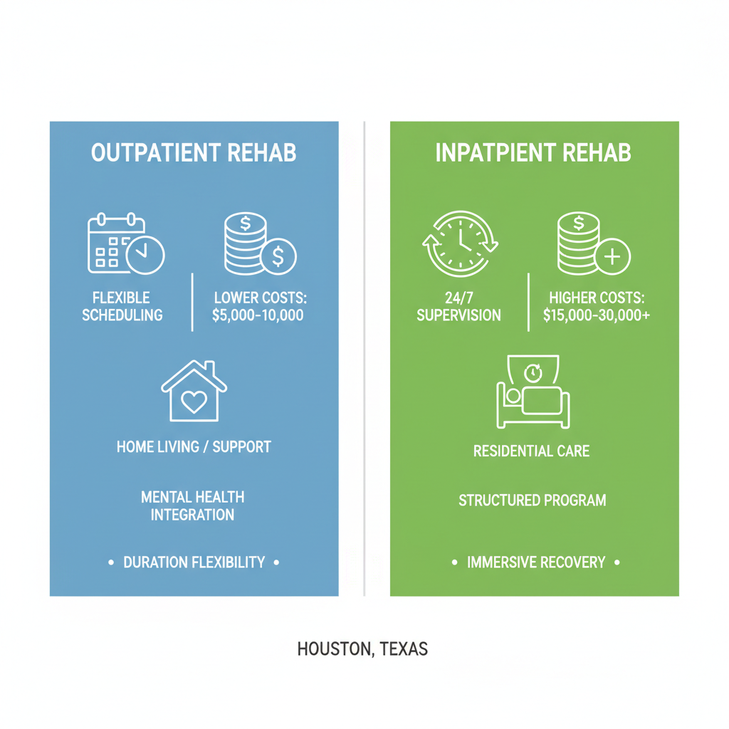 Infographic comparing outpatient and inpatient alcohol rehab options in Houston