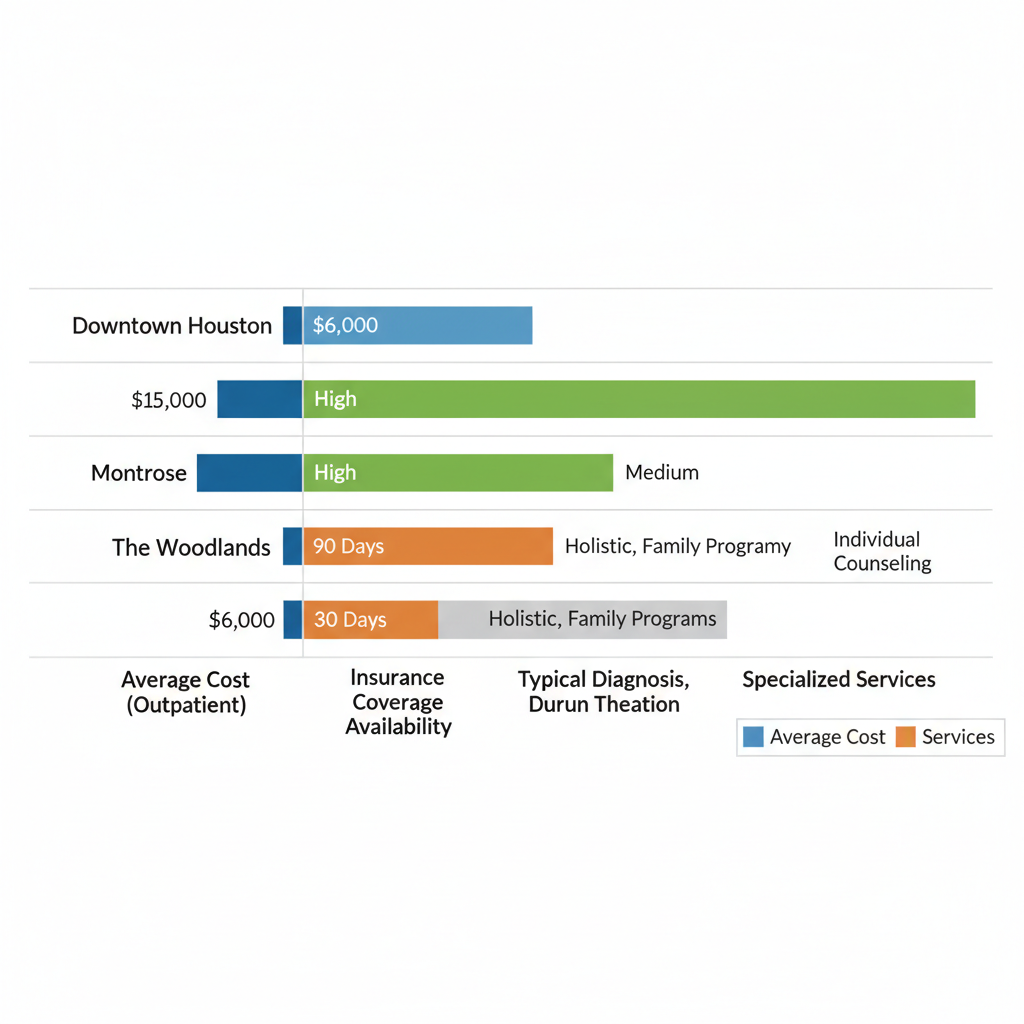 Horizontal bar chart comparing alcohol rehab costs, insurance availability, program durations, and services across three Houston neighborhoods