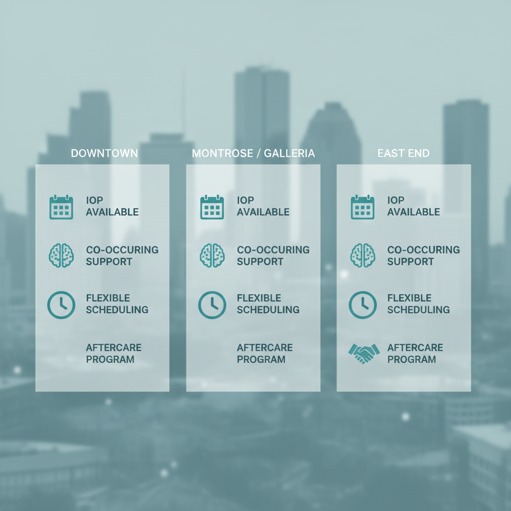 Infographic comparing outpatient addiction treatment services in different Houston neighborhoods