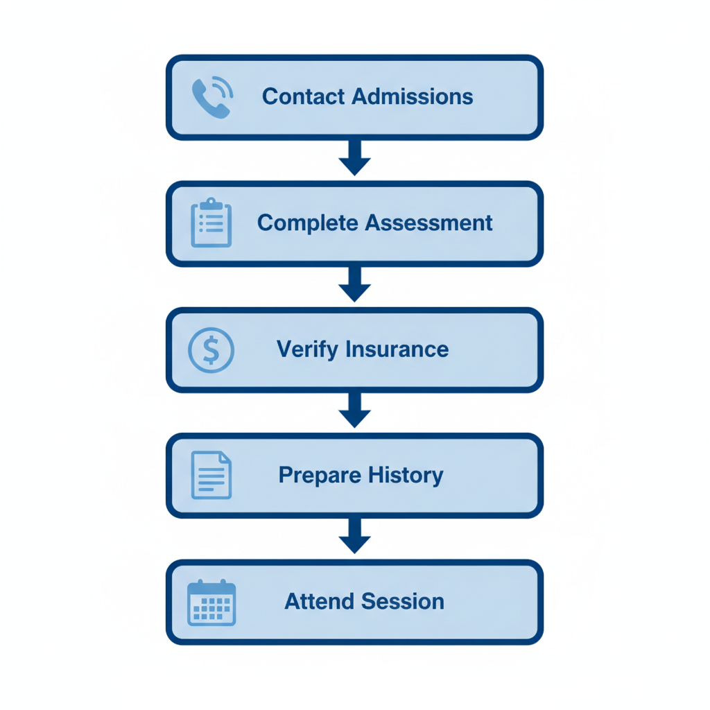 Vertical process flow diagram illustrating five key steps to begin outpatient alcohol rehab at Harmony Grove Behavioral Health in Houston, Texas