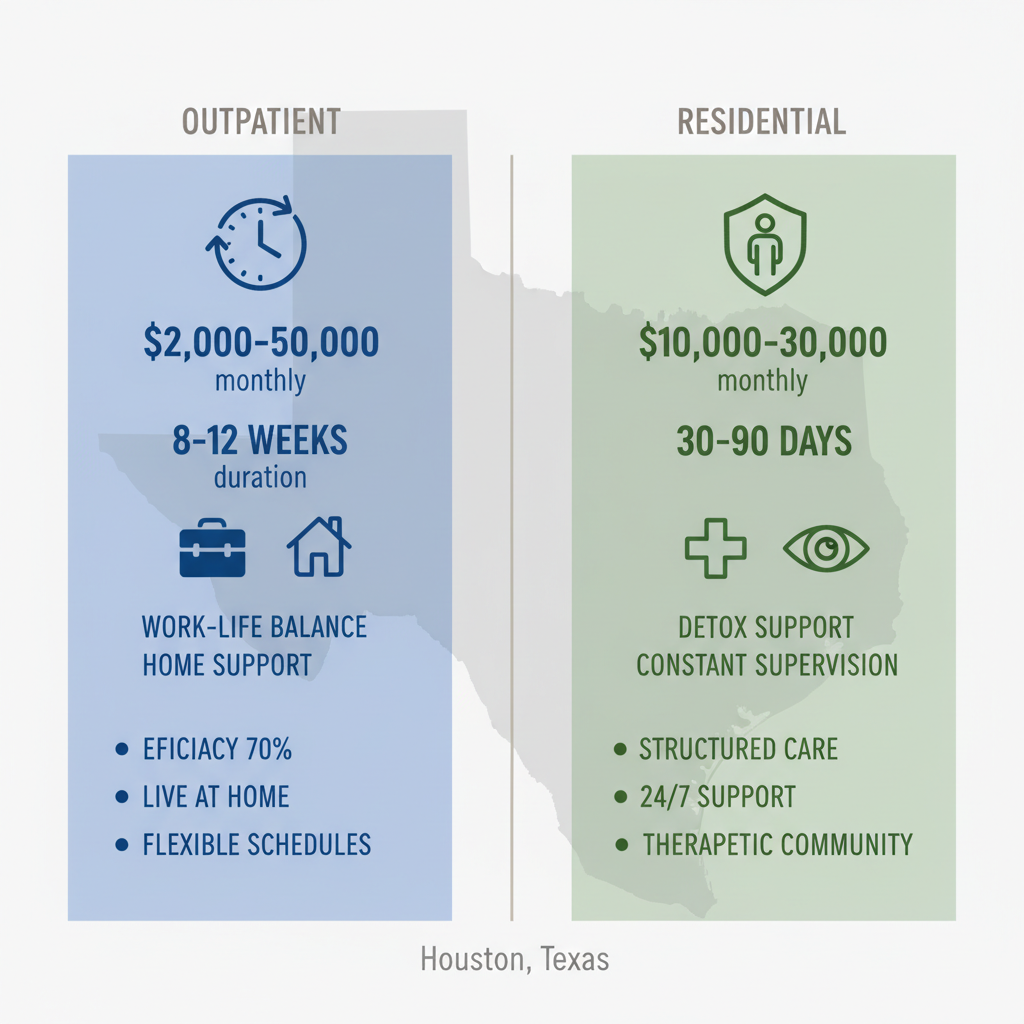 Infographic comparing outpatient and residential alcohol rehab options in Houston with costs, durations, and icons