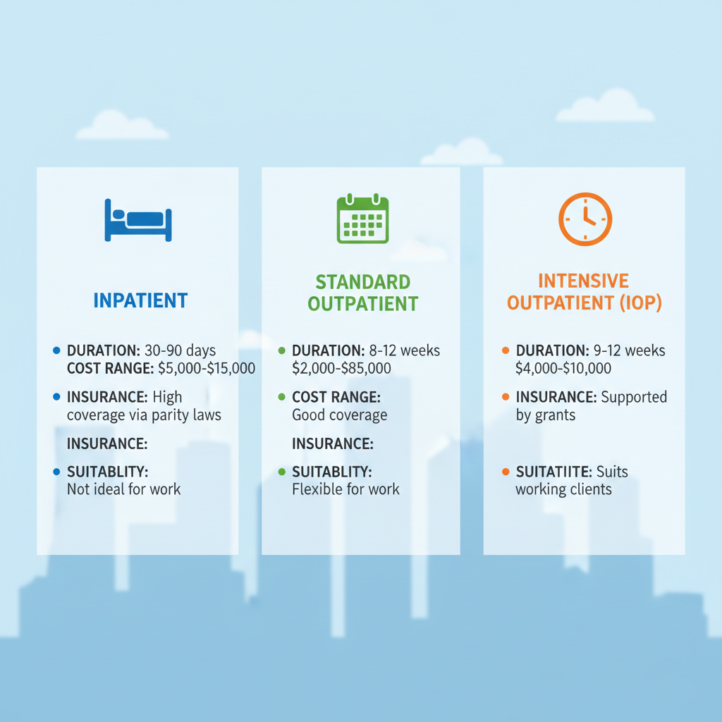 Infographic comparing inpatient, outpatient, and intensive outpatient alcohol rehab programs in Houston with icons, durations, costs, and suitability details.