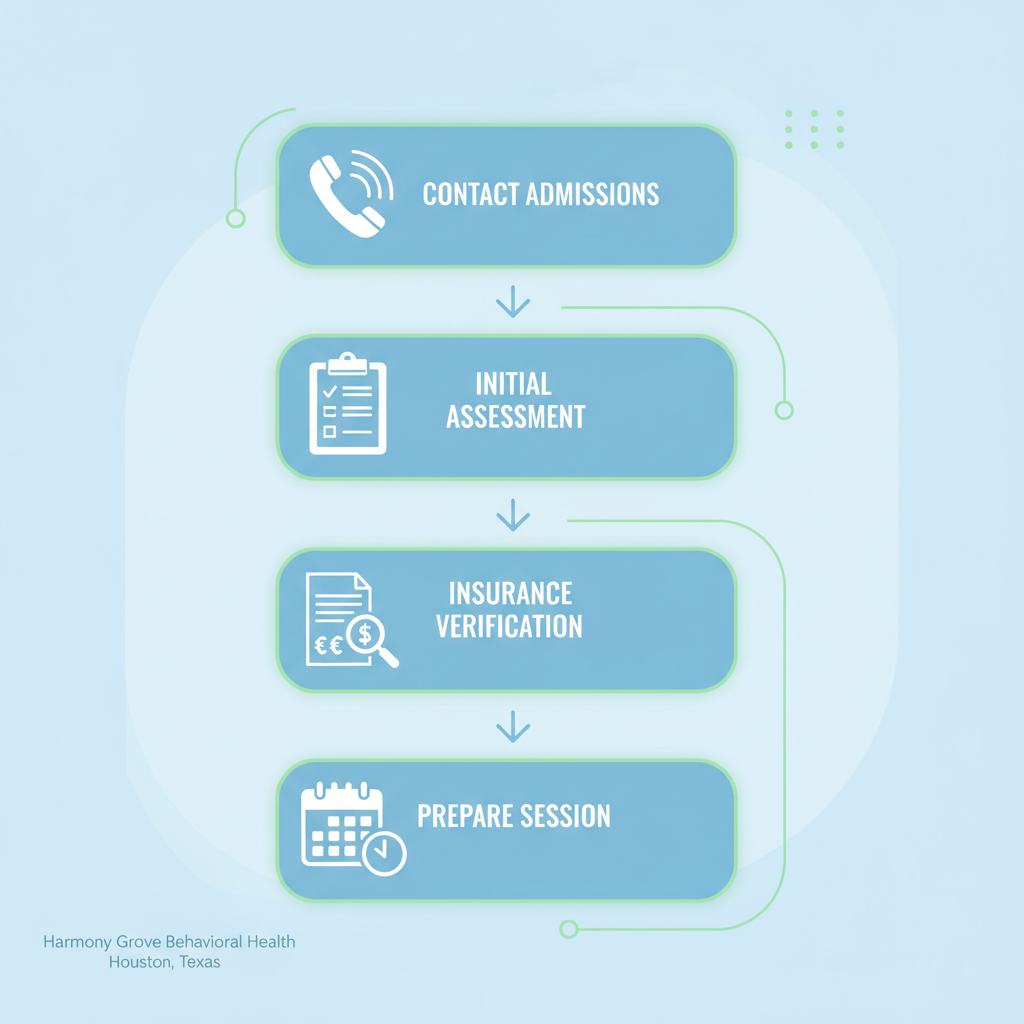 Diagram illustrating the four-step intake process for beginning outpatient rehab at Harmony Grove Behavioral Health