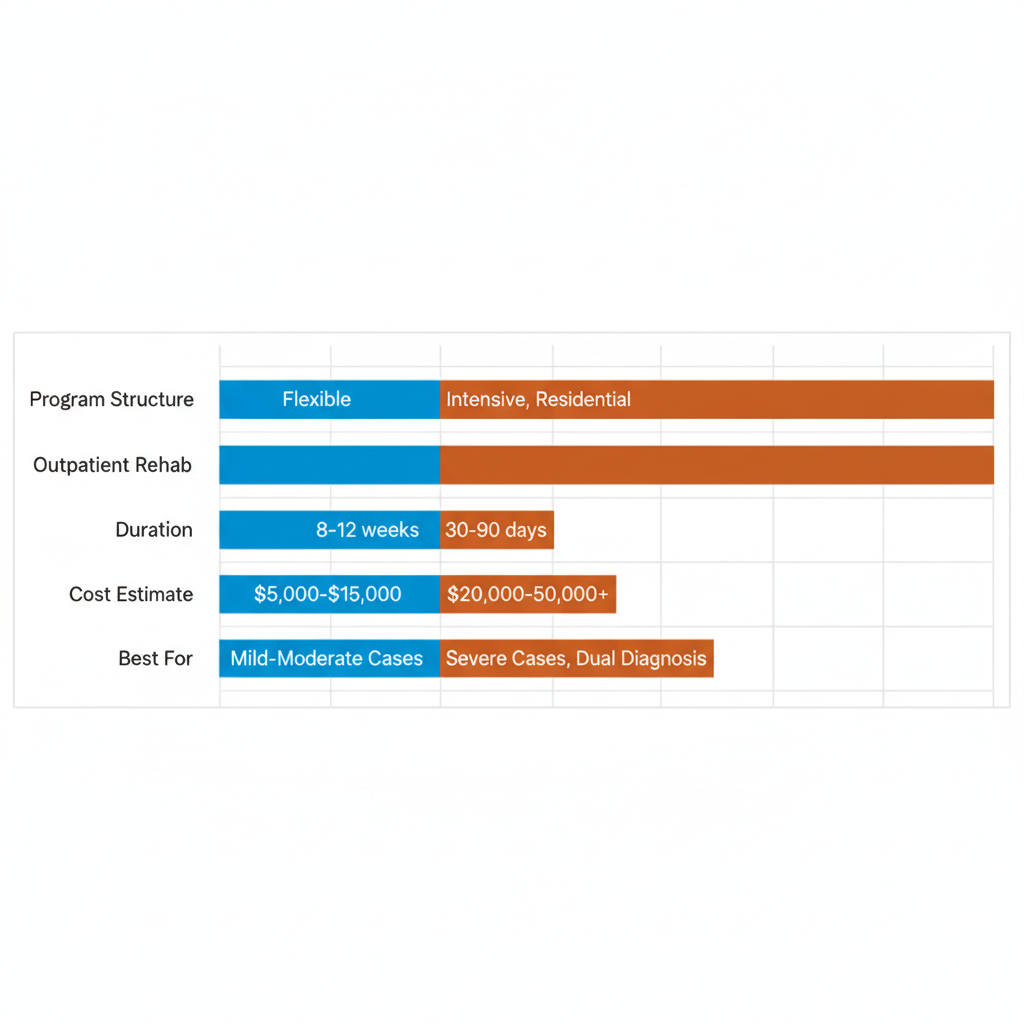 Horizontal bar chart comparing program structure, duration, cost, and best for between outpatient and inpatient alcohol rehab in Houston.