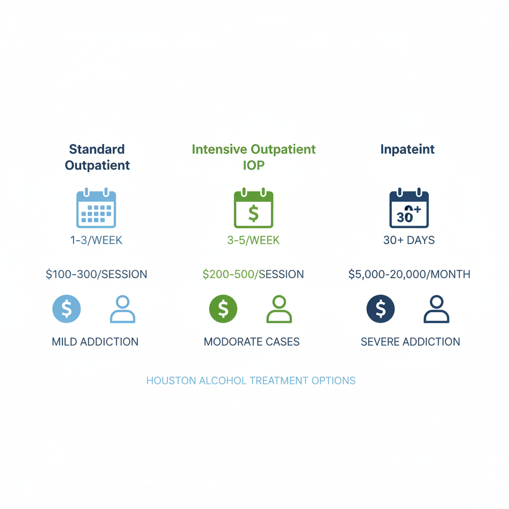 Infographic comparing standard outpatient, intensive outpatient, and inpatient alcohol treatment options in Houston, including intensity, sessions, costs, and suitability with icons.