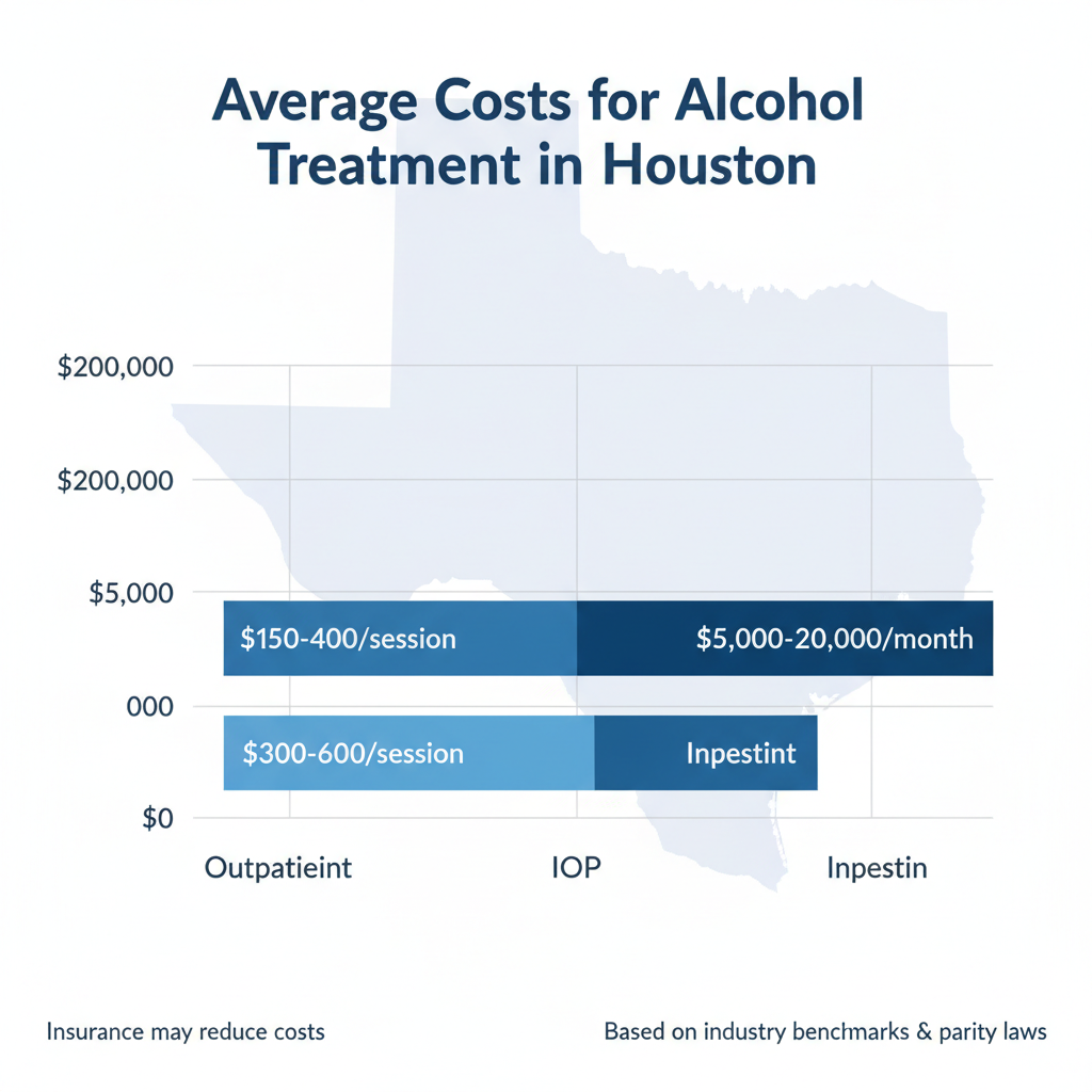 Bar chart of alcohol treatment costs in Houston: outpatient, IOP, and inpatient ranges with insurance notes.