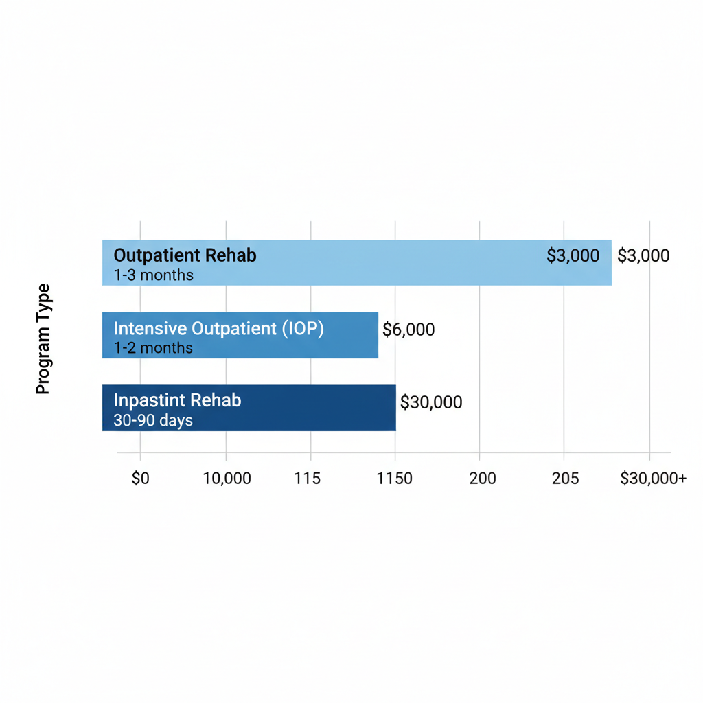 Horizontal bar chart comparing cost ranges for outpatient, intensive outpatient, and inpatient drug rehab programs in Houston, Texas