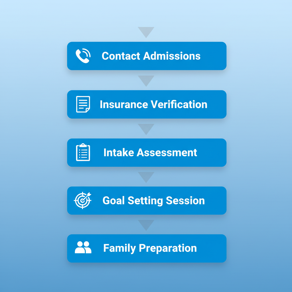 Vertical process flow illustrating five steps to start addiction treatment in Houston