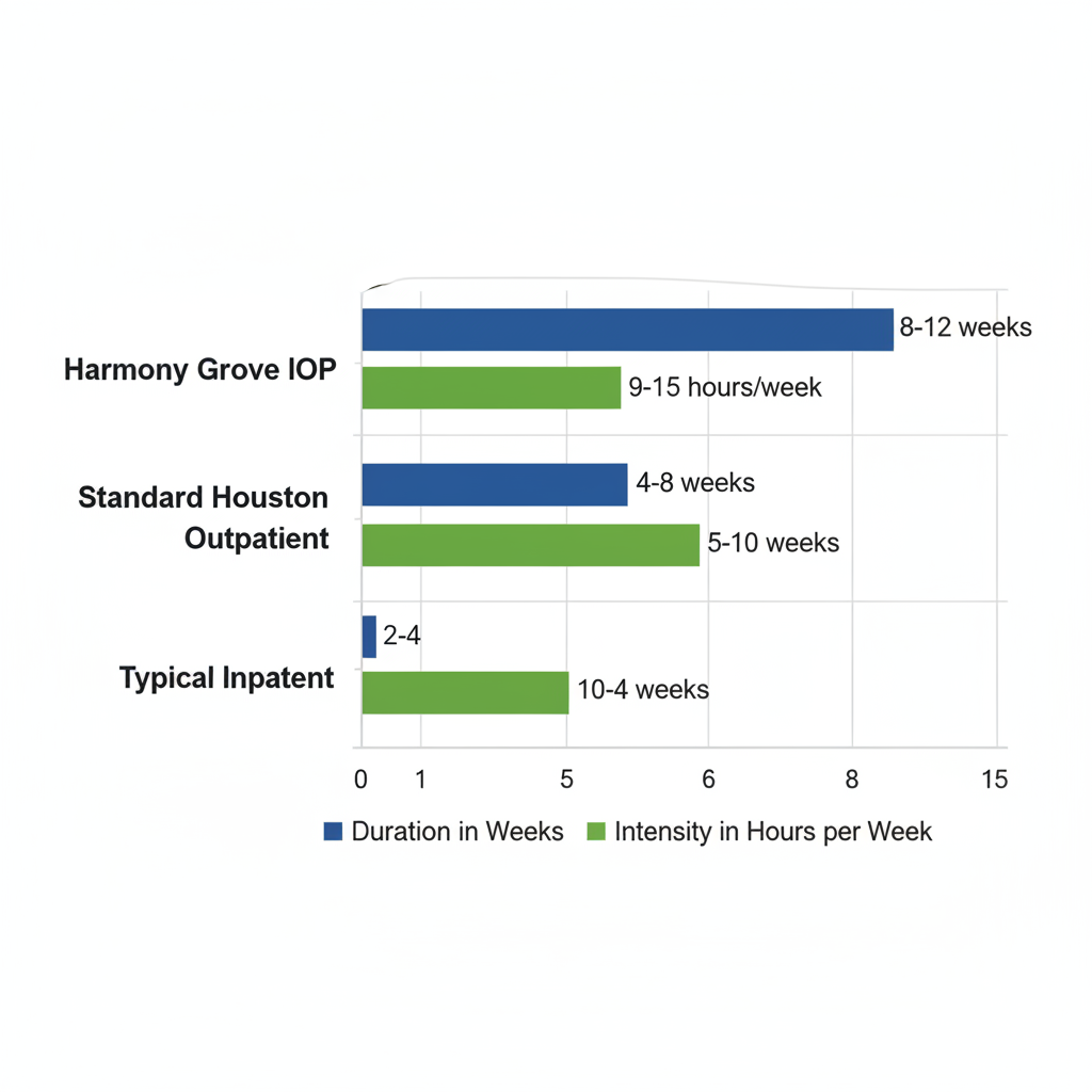 Horizontal bar chart comparing durations and intensities of recovery programs including Harmony Grove IOP in Houston