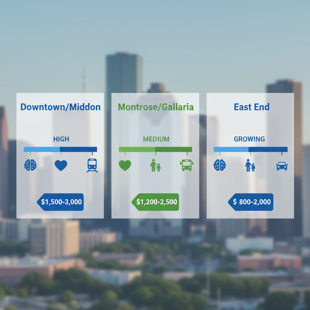 Comparison infographic of outpatient rehab options in three Houston neighborhoods showing program availability, focus areas, transport, and cost ranges.