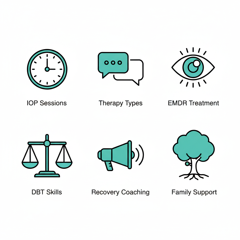 Set of six icons depicting outpatient rehab services including IOP, therapy, EMDR, DBT, coaching, and family support in teal and white.