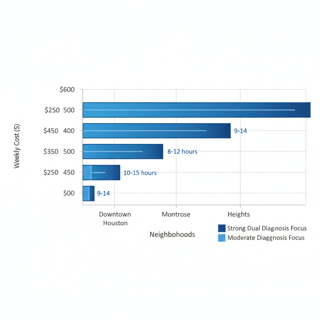 Horizontal bar chart comparing Intensive Outpatient Program costs and session hours across Houston neighborhoods, highlighting dual diagnosis support levels.