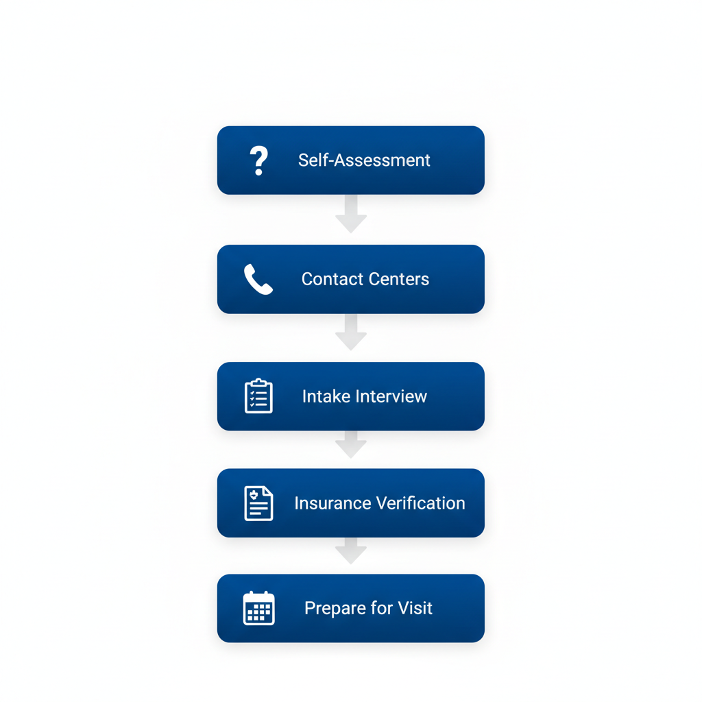 Vertical process flow diagram showing five steps to start detox treatment in Houston: self-assessment, contact centers, intake interview, insurance verification, and prepare for visit.