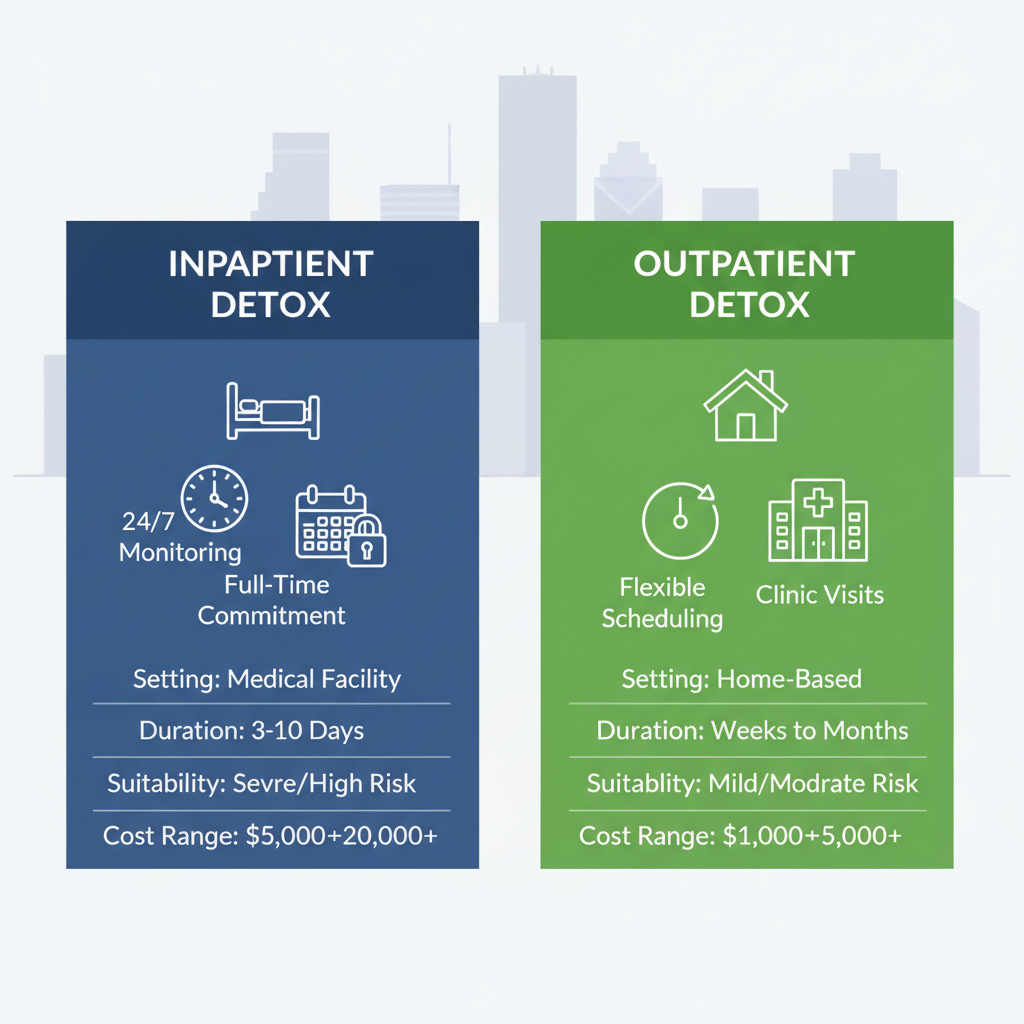 Infographic comparing inpatient and outpatient detox options in Houston with icons and key aspects.