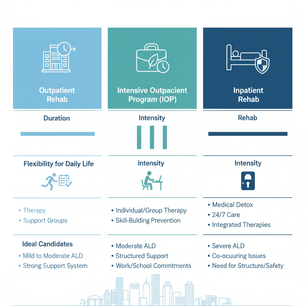 Infographic comparing outpatient rehab, intensive outpatient program, and inpatient rehab for alcohol addiction in Houston, Texas, highlighting duration, intensity, flexibility, focus areas, and ideal candidates.