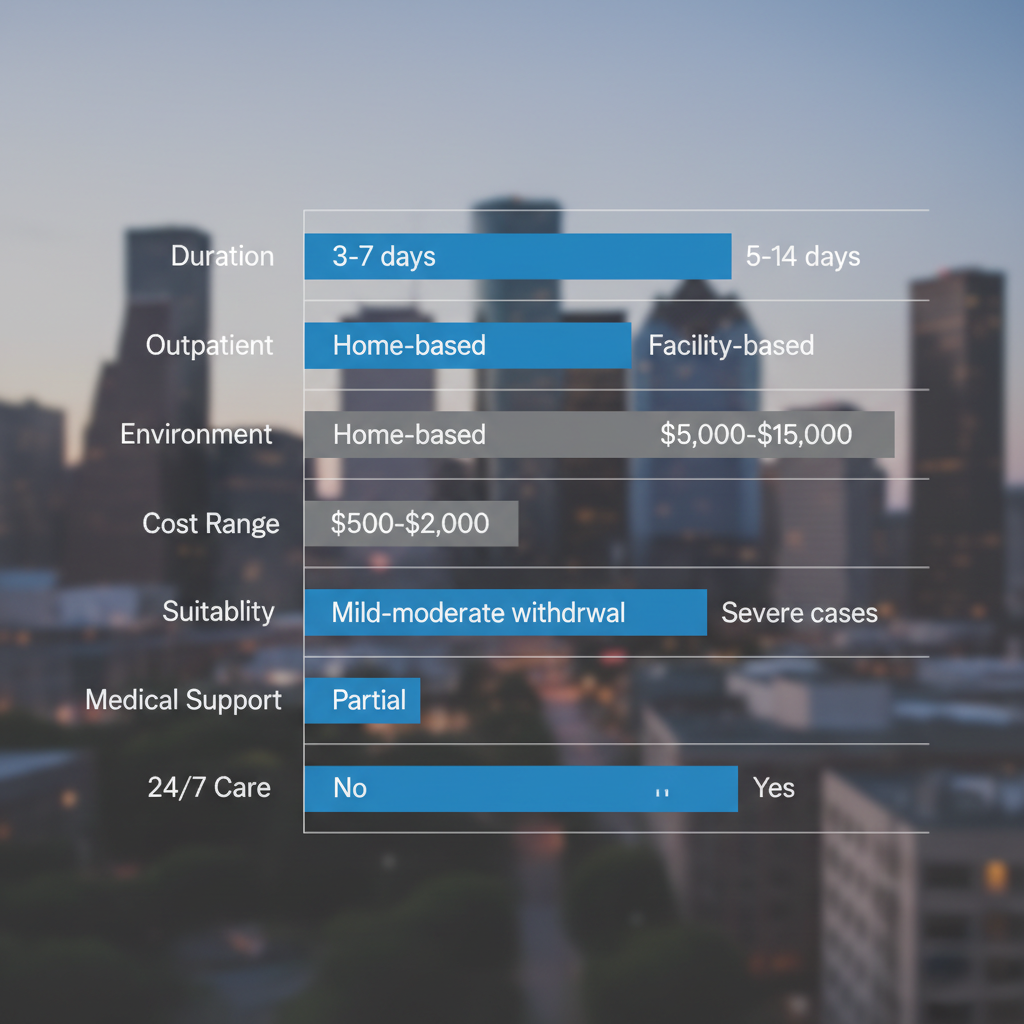Horizontal bar chart comparing outpatient and inpatient detox options in Houston, Texas, highlighting duration, environment, costs, suitability, medical support, and 24/7 care.
