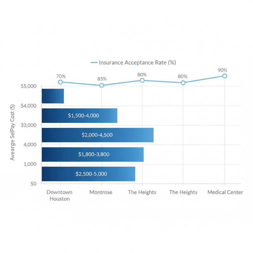 Horizontal bar chart comparing self-pay costs and insurance rates for medical detox in four Houston neighborhoods