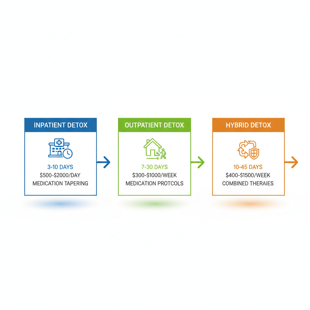 Horizontal process flow diagram showing three detox service types: Inpatient with 24/7 monitoring, Outpatient allowing home return, and Hybrid combining care, including durations, costs, and protocols.