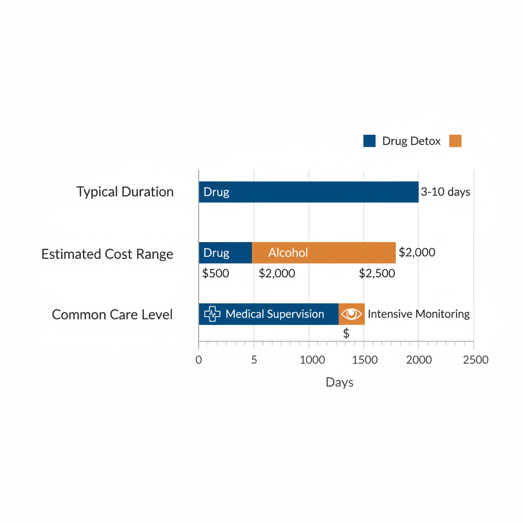 Bar chart comparing drug and alcohol detox durations, costs, and care levels in Houston