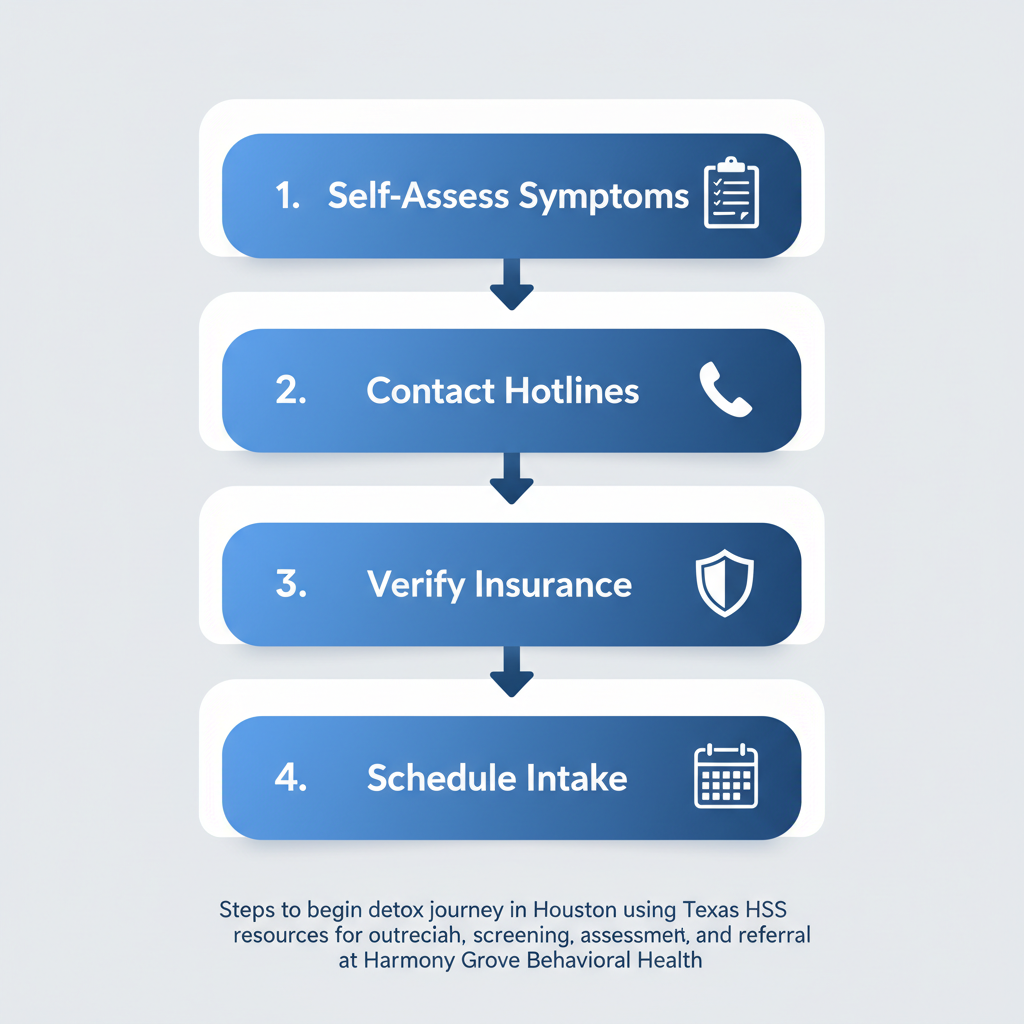 Vertical process flow diagram showing four steps to start detox in Houston: self-assess symptoms, contact hotlines, verify insurance, schedule intake with icons.