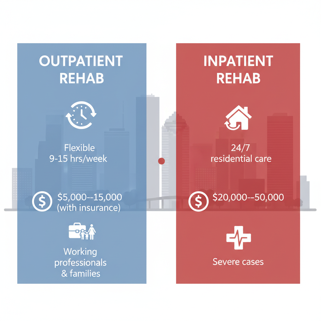 Infographic comparison of outpatient versus inpatient rehab in Houston, highlighting sessions, costs, and suitability with icons in blue and red tones.