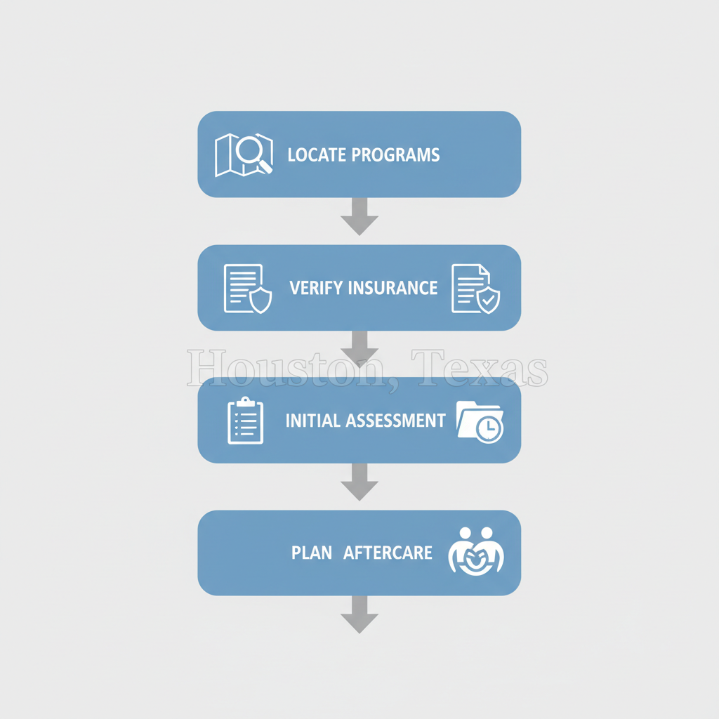 Vertical process flow diagram outlining five steps to start detox treatment in Houston, Texas