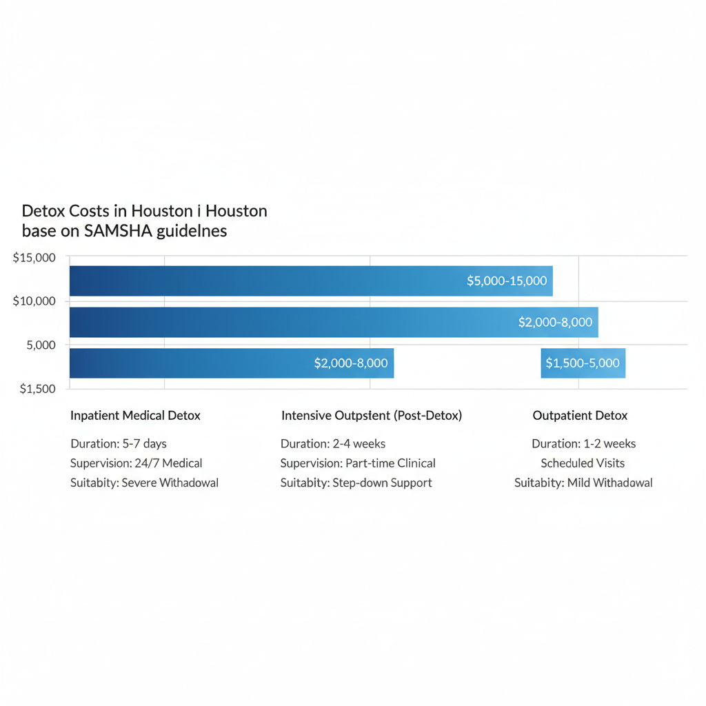 Horizontal bar chart comparing cost ranges for inpatient, outpatient, and intensive outpatient detox options in Houston, Texas, with sub-labels for duration, supervision, and suitability.