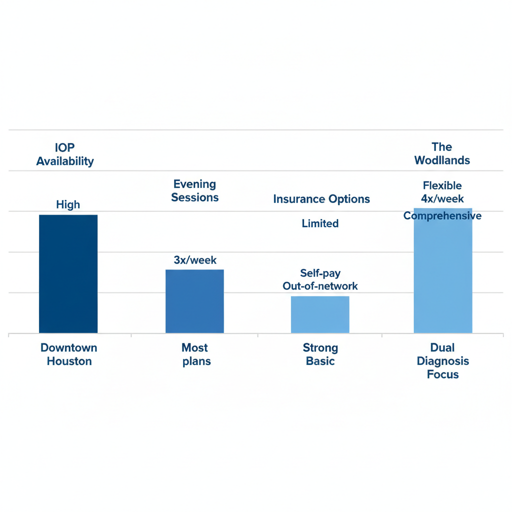 Horizontal bar chart showing alcohol treatment access comparison across Houston neighborhoods including IOP availability, evening sessions, insurance options, and dual diagnosis focus.