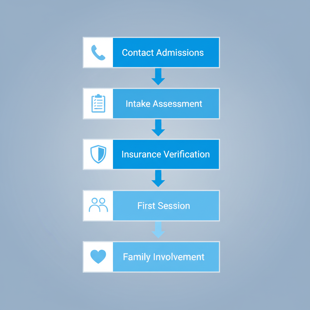 Vertical process flow diagram illustrating five steps to begin alcohol addiction treatment in Houston with icons for each stage