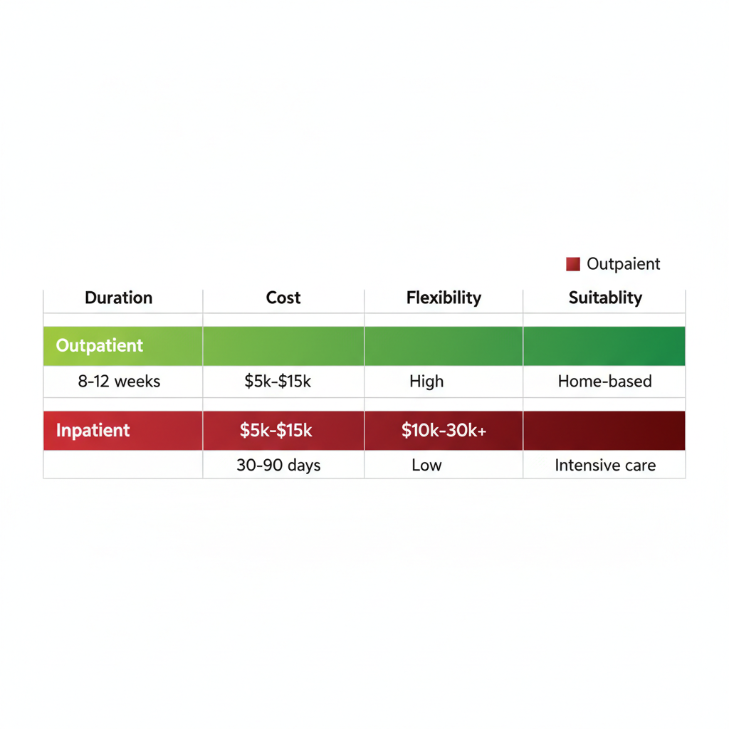 Horizontal bar chart comparing outpatient and inpatient rehab options in Houston by duration, cost, flexibility, and suitability