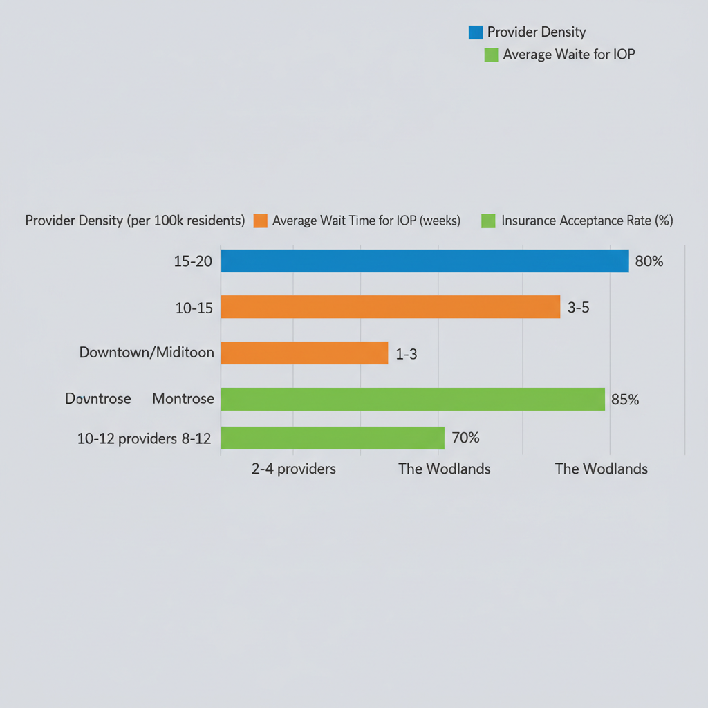 Horizontal bar chart comparing mental health service access metrics across Houston neighborhoods including provider density, wait times, and insurance rates.