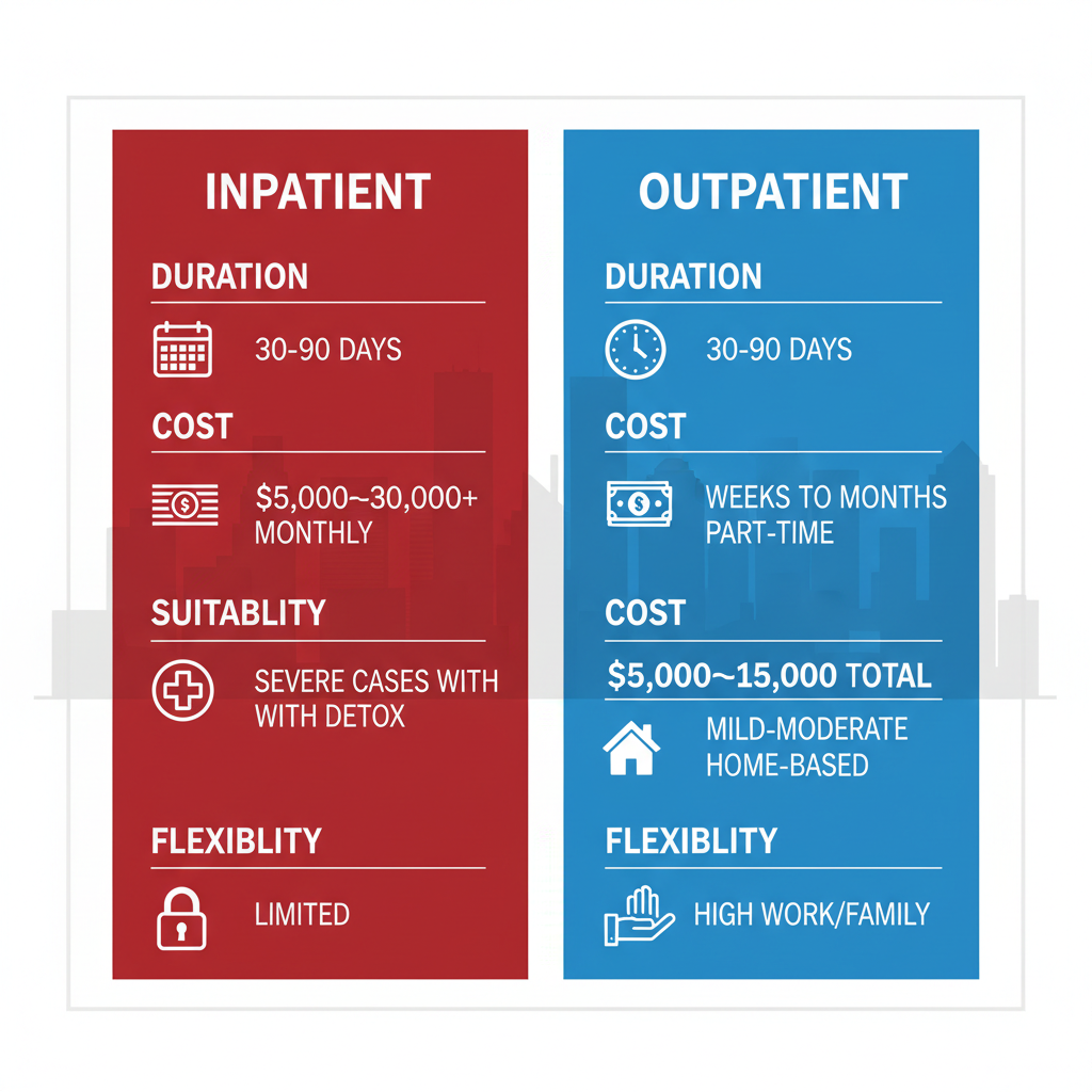 Infographic comparing inpatient and outpatient rehab programs in Houston, Texas, with icons for duration, cost, suitability, and flexibility.