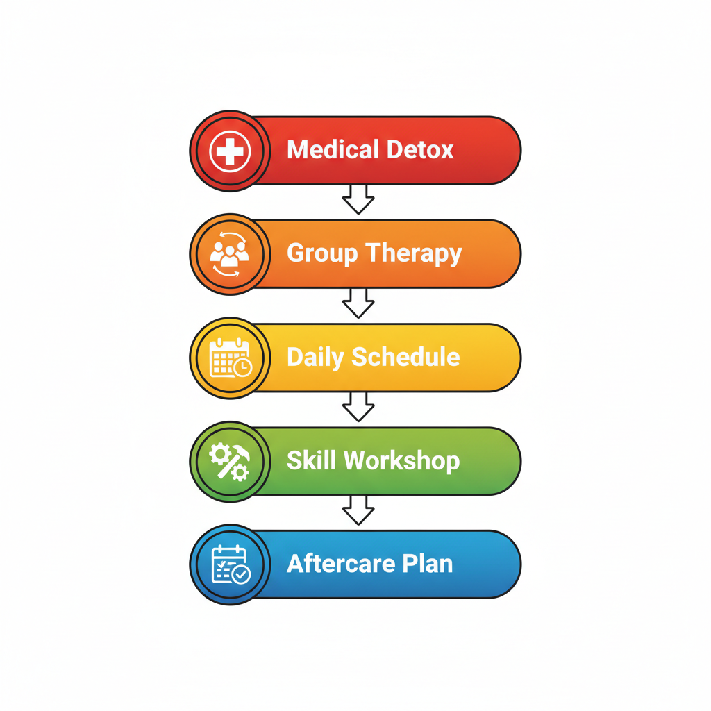 Vertical process flow diagram of inpatient rehab stages in Houston featuring detox, therapy, routines, skills, and aftercare with colored icons.